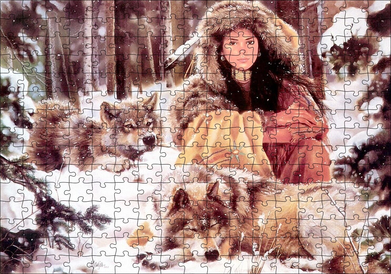 Kızılderili Kız Ve Karlar İçinde Kurtlar Görseli Puzzle Yapboz MDF Ahşap 255 Parça 34 cm X 49 cm