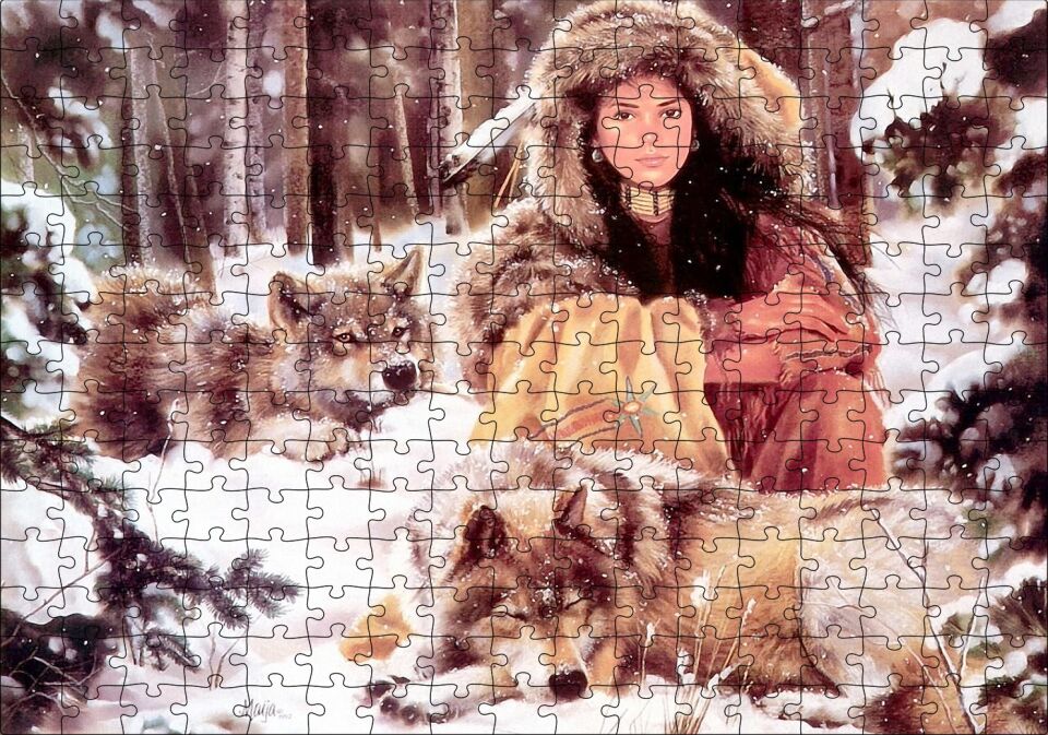 Kızılderili Kız Ve Karlar İçinde Kurtlar Görseli Puzzle Yapboz MDF Ahşap 255 Parça 34 cm X 49 cm
