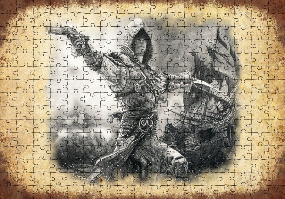 Karakalem Silahlı Korsan ve Arkada Gemisi Puzzle Yapboz MDF Ahşap 255 Parça 34 cm X 49 cm