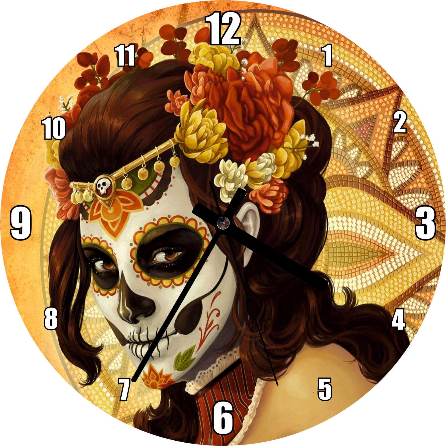 Ölü Gelin ve Arkasında Kurukafa Desenleri Mdf Ahşap Duvar Saati 30 cm Çap