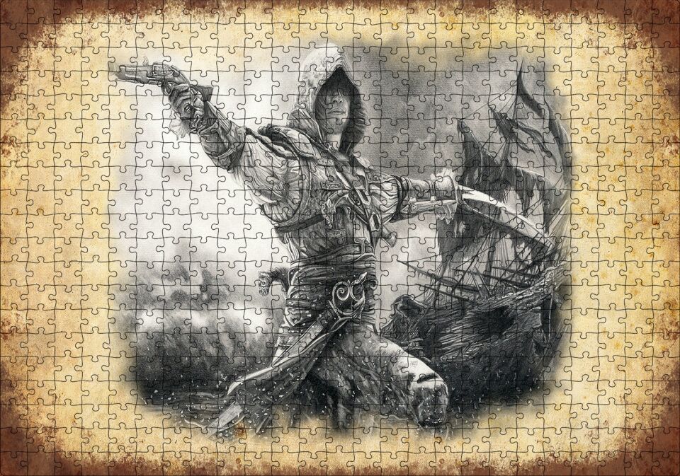 Karakalem Silahlı Korsan ve Arkada Gemisi Puzzle Yapboz MDF Ahşap 500 Parça 49 cm X 68 cm