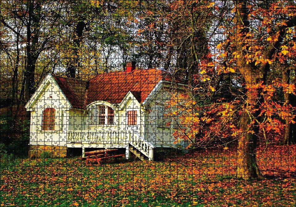 Sonbaharda Beyaz Ev Puzzle Yapboz MDF Ahşap 1000 Parça 49 cm X 68 cm