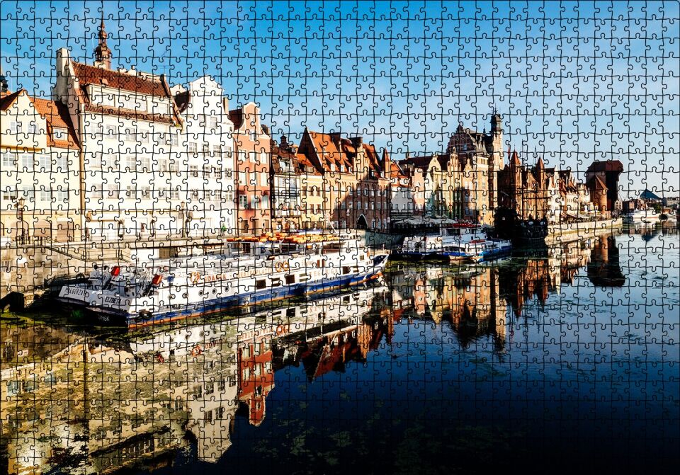 Kanalda Tekneler ve Güneşli Tarihi Binalar Puzzle Yapboz MDF Ahşap 1000 Parça 49 cm X 68 cm
