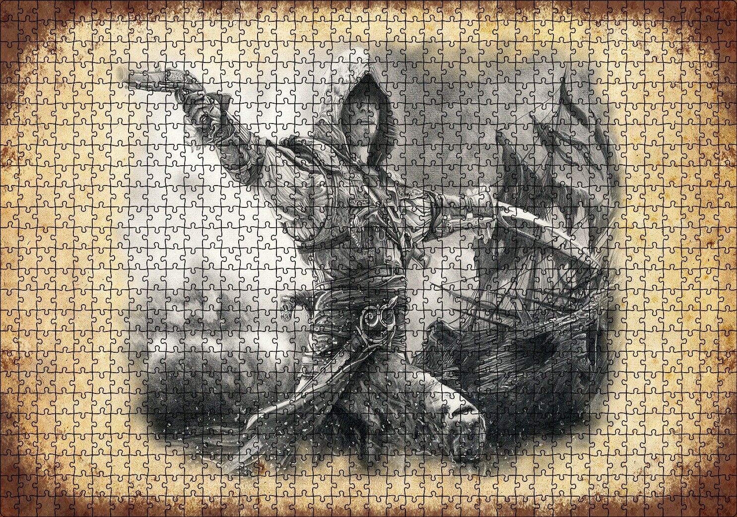 Karakalem Silahlı Korsan ve Arkada Gemisi Puzzle Yapboz MDF Ahşap 1000 Parça 49 cm X 68 cm
