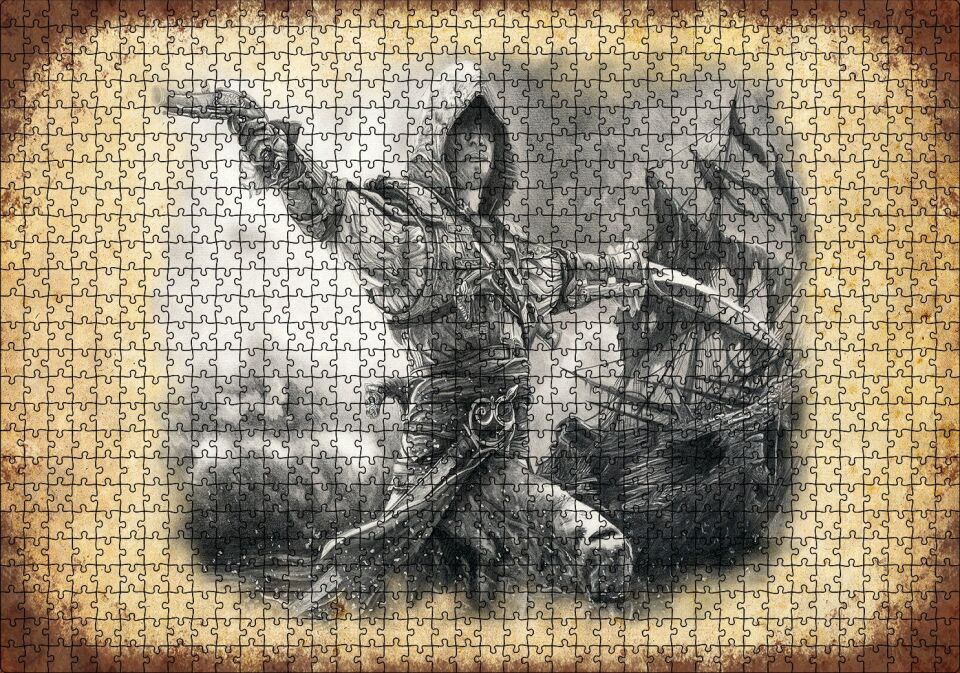 Karakalem Silahlı Korsan ve Arkada Gemisi Puzzle Yapboz MDF Ahşap 1000 Parça 49 cm X 68 cm
