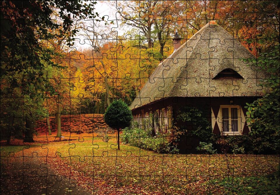Sonbaharda Bordo Ev Puzzle Yapboz MDF Ahşap 120 Parça 24 cm X 34 cm