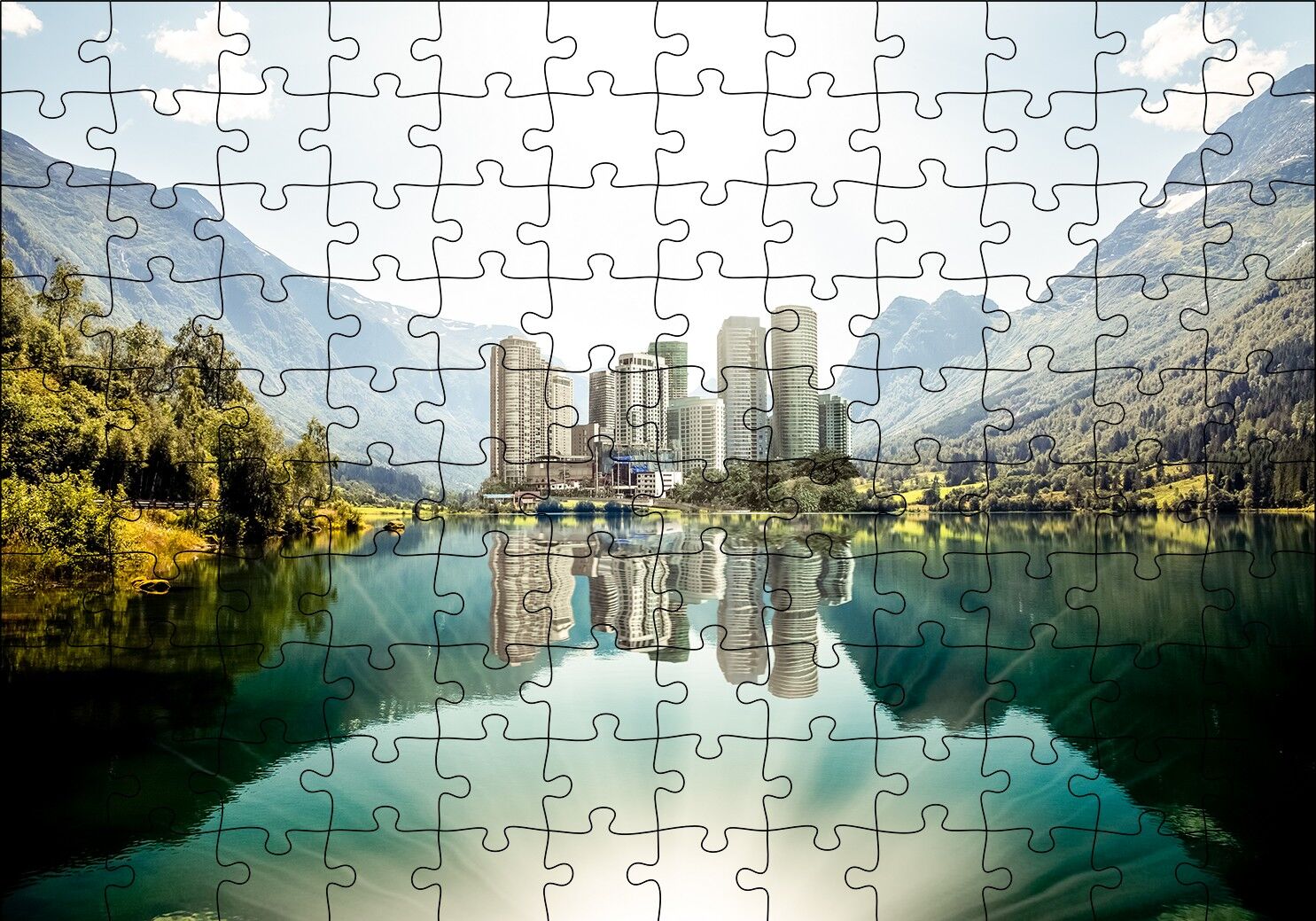Dağ Gölünde Şehir Yansımaları Puzzle Yapboz MDF Ahşap