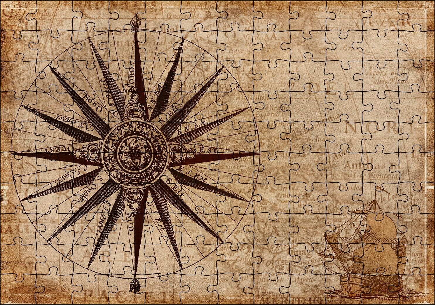 Eski Dünya Haritası Üzerinde Pusula Puzzle Yapboz MDF Ahşap 120 Parça 24 cm X 34 cm