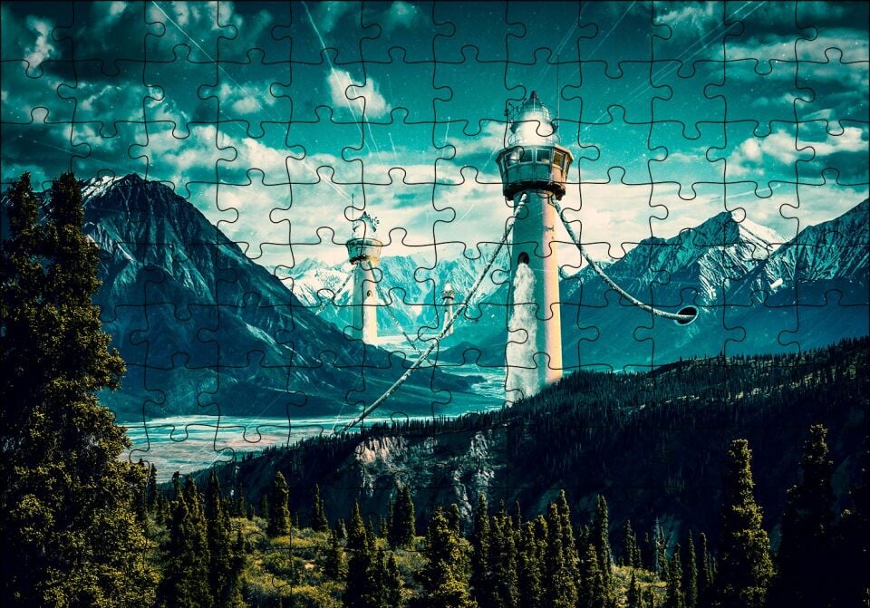 Dağlar ve Deniz Fenerleri İllüstrasyon Puzzle Yapboz MDF Ahşap