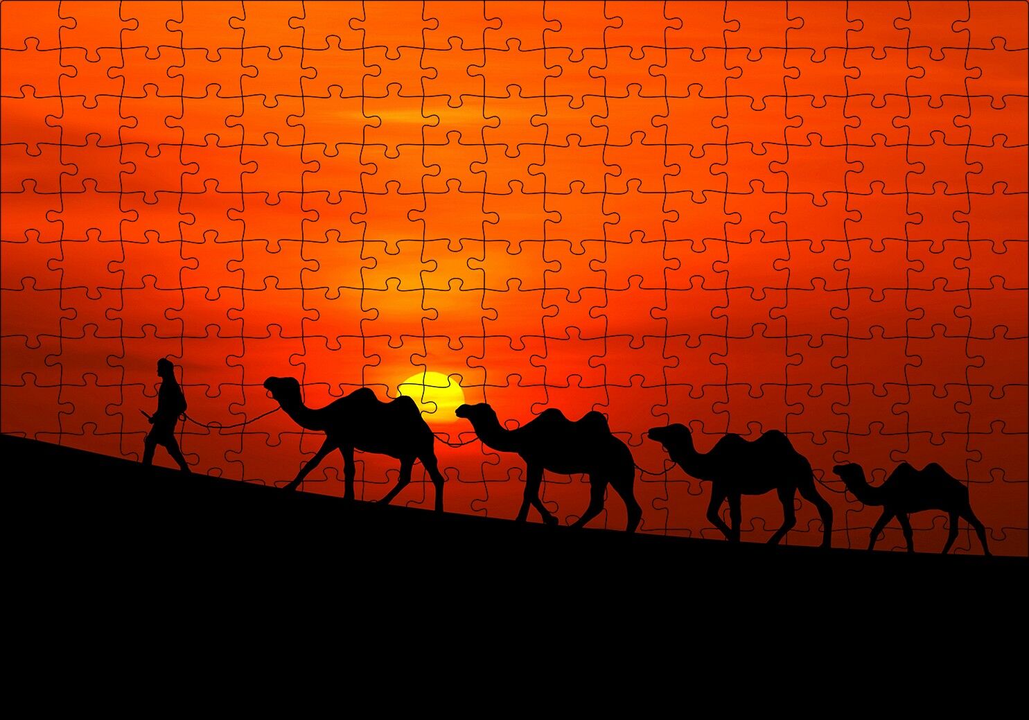 Günbatımında Develeri Çeken Adam Puzzle Yapboz MDF Ahşap 255 Parça 34 cm X 49 cm