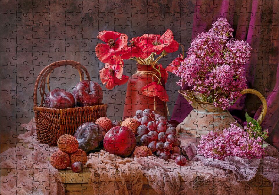 Vazolarda Sümbül ve Gelincikler Sepette Taze Meyveler Puzzle Yapboz MDF Ahşap 255 Parça 34 cm X 49 cm
