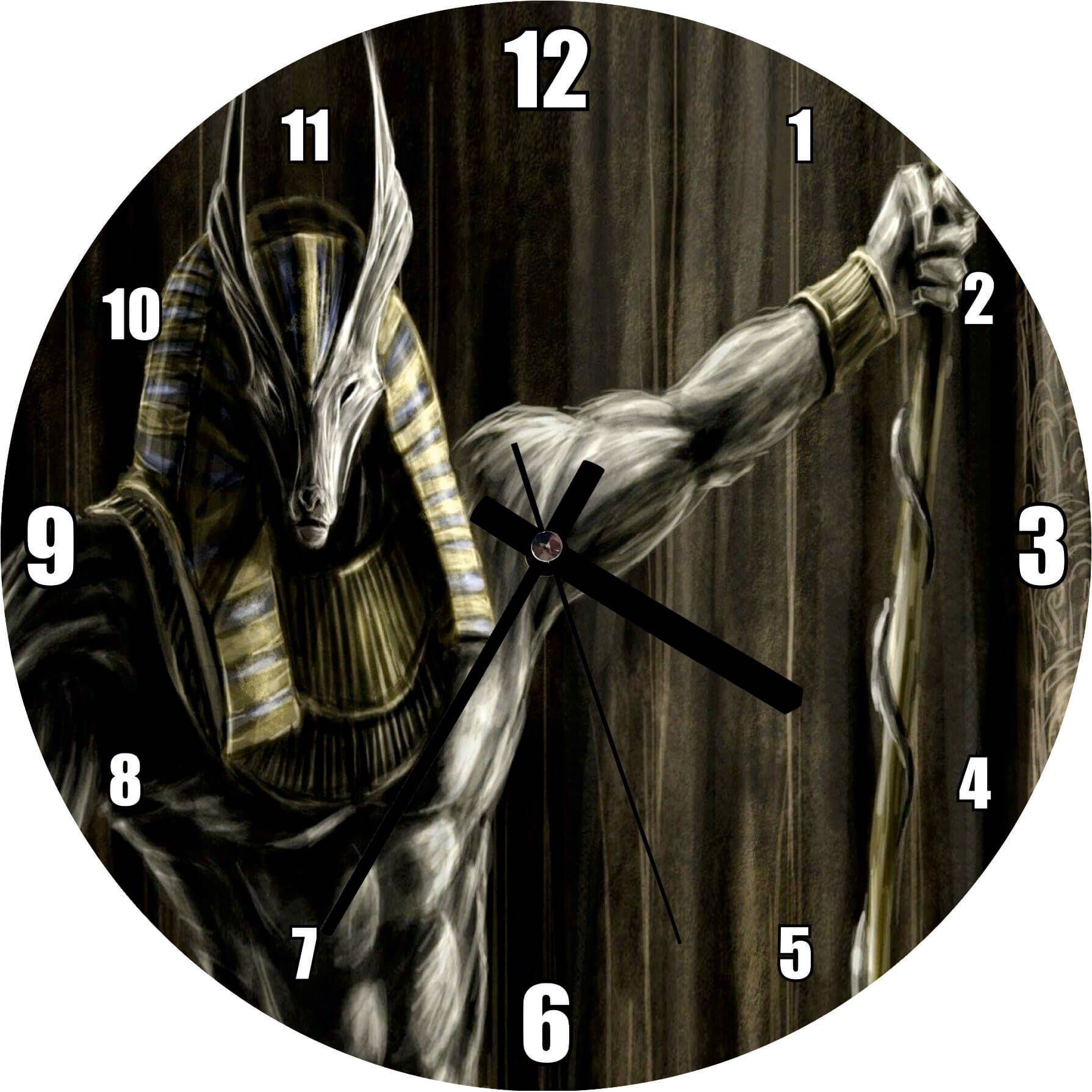 Muhteşem Kaslarıyla Anubis ve Asası Mdf Ahşap Duvar Saati 50 cm Çap