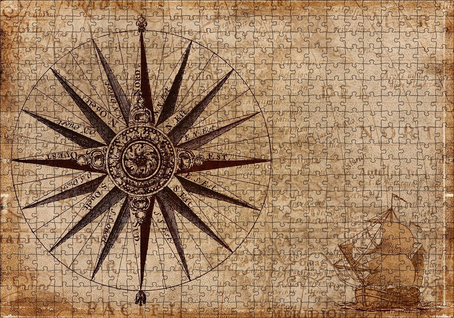 Eski Dünya Haritası Üzerinde Pusula Puzzle Yapboz MDF Ahşap 500 Parça 49 cm X 68 cm