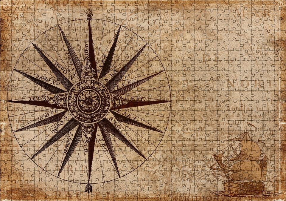 Eski Dünya Haritası Üzerinde Pusula Puzzle Yapboz MDF Ahşap 500 Parça 49 cm X 68 cm