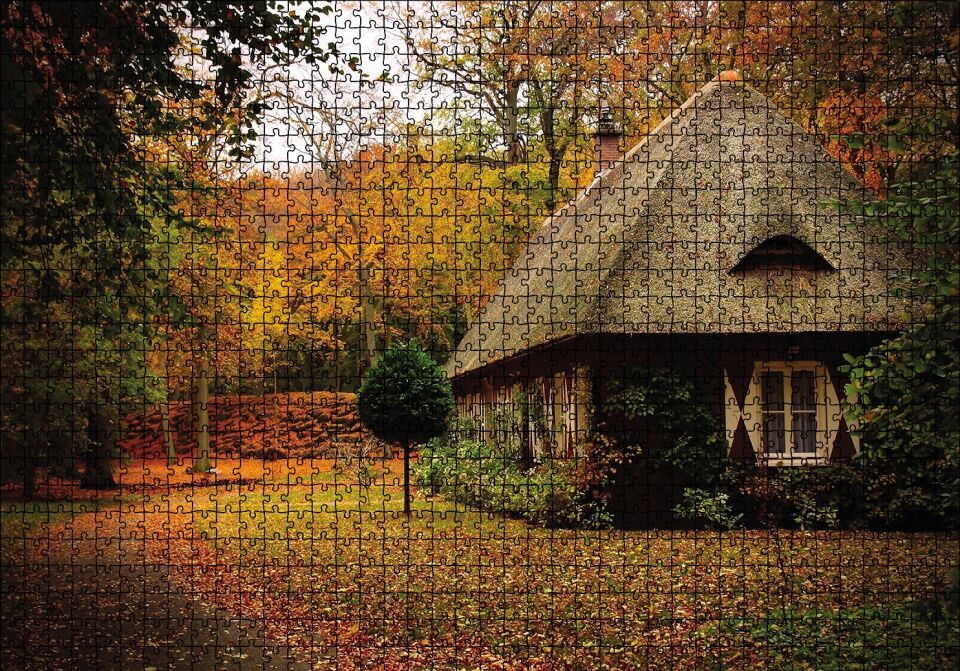 Sonbaharda Bordo Ev Puzzle Yapboz MDF Ahşap 1000 Parça 49 cm X 68 cm