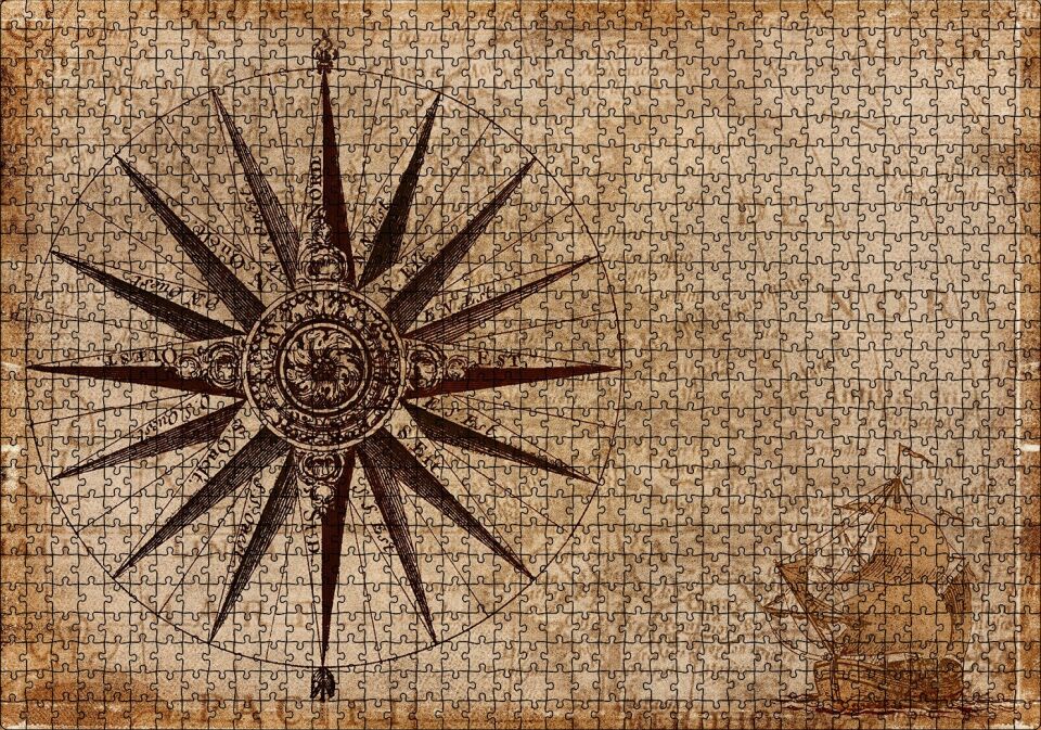 Eski Dünya Haritası Üzerinde Pusula Puzzle Yapboz MDF Ahşap 1000 Parça 49 cm X 68 cm