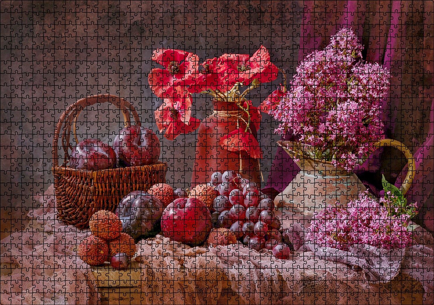 Vazolarda Sümbül ve Gelincikler Sepette Taze Meyveler Puzzle Yapboz MDF Ahşap 1000 Parça 49 cm X 68 cm