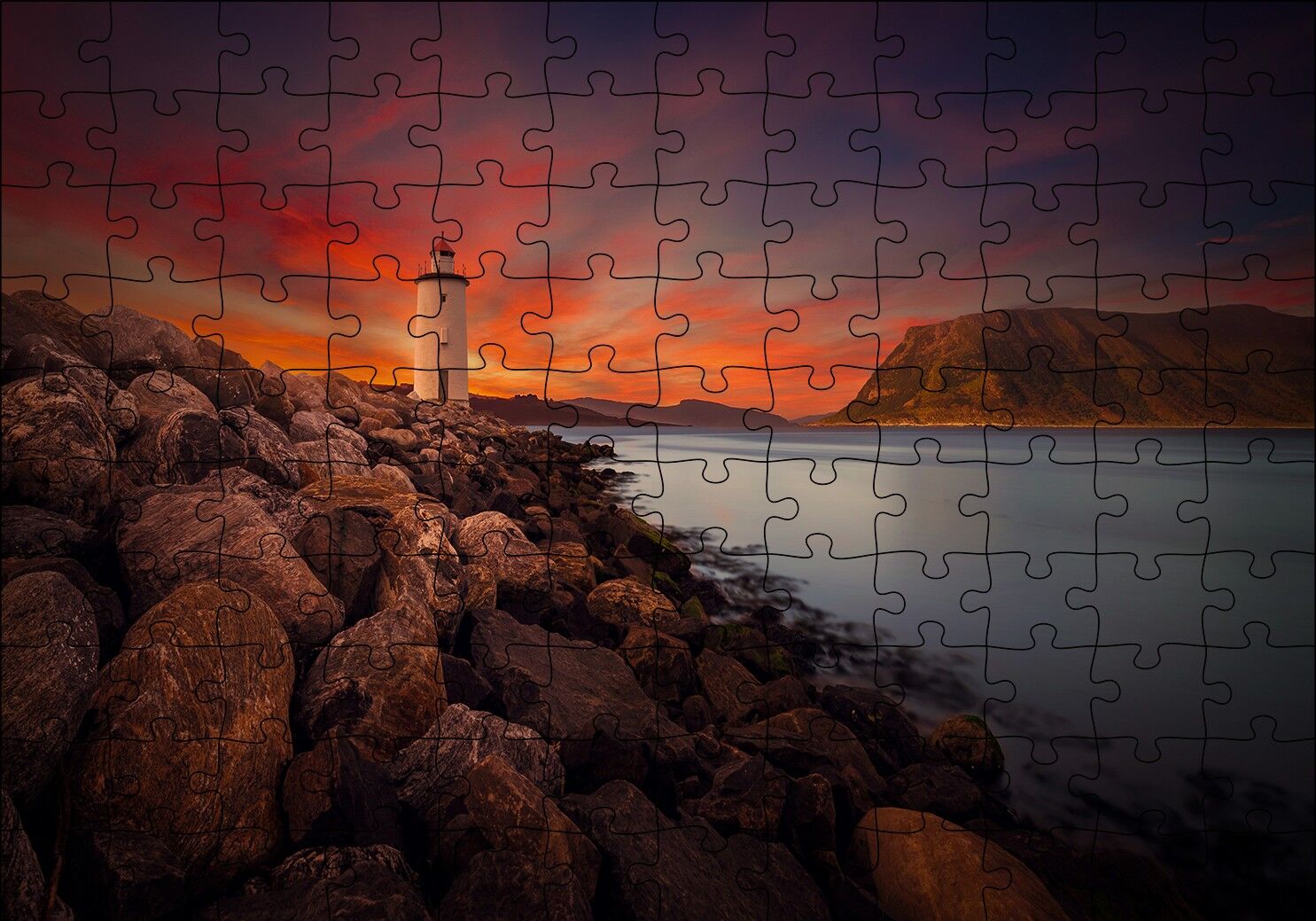 Deniz Feneri, Alacakaranlık ve Kayalıklar Puzzle Yapboz MDF Ahşap