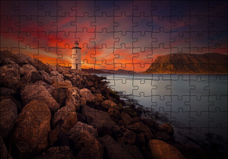 Deniz Feneri, Alacakaranlık ve Kayalıklar Puzzle Yapboz MDF Ahşap