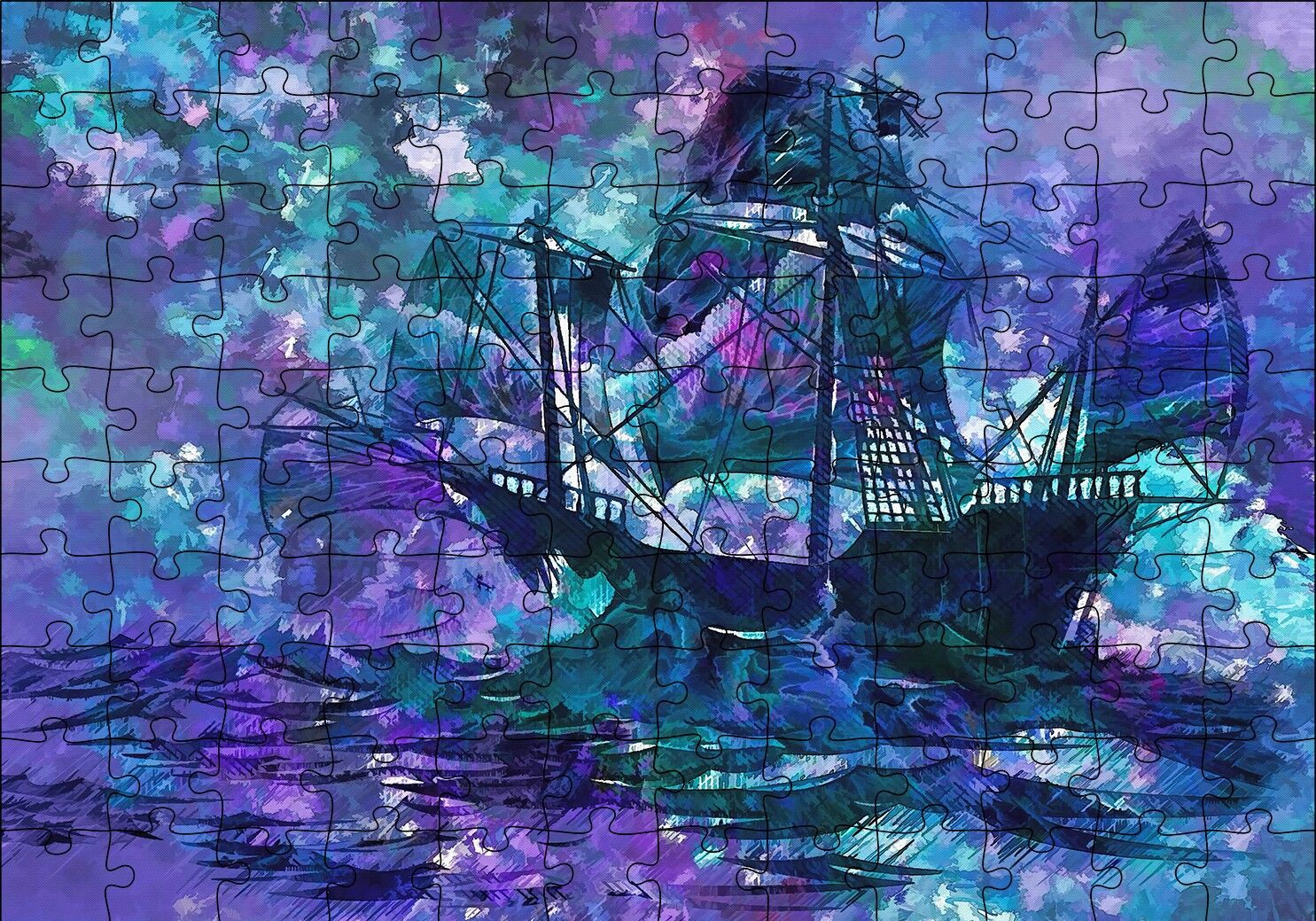 Boyama Fırtınada Yelkenli Gemi Puzzle Yapboz MDF Ahşap 120 Parça 24 cm X 34 cm