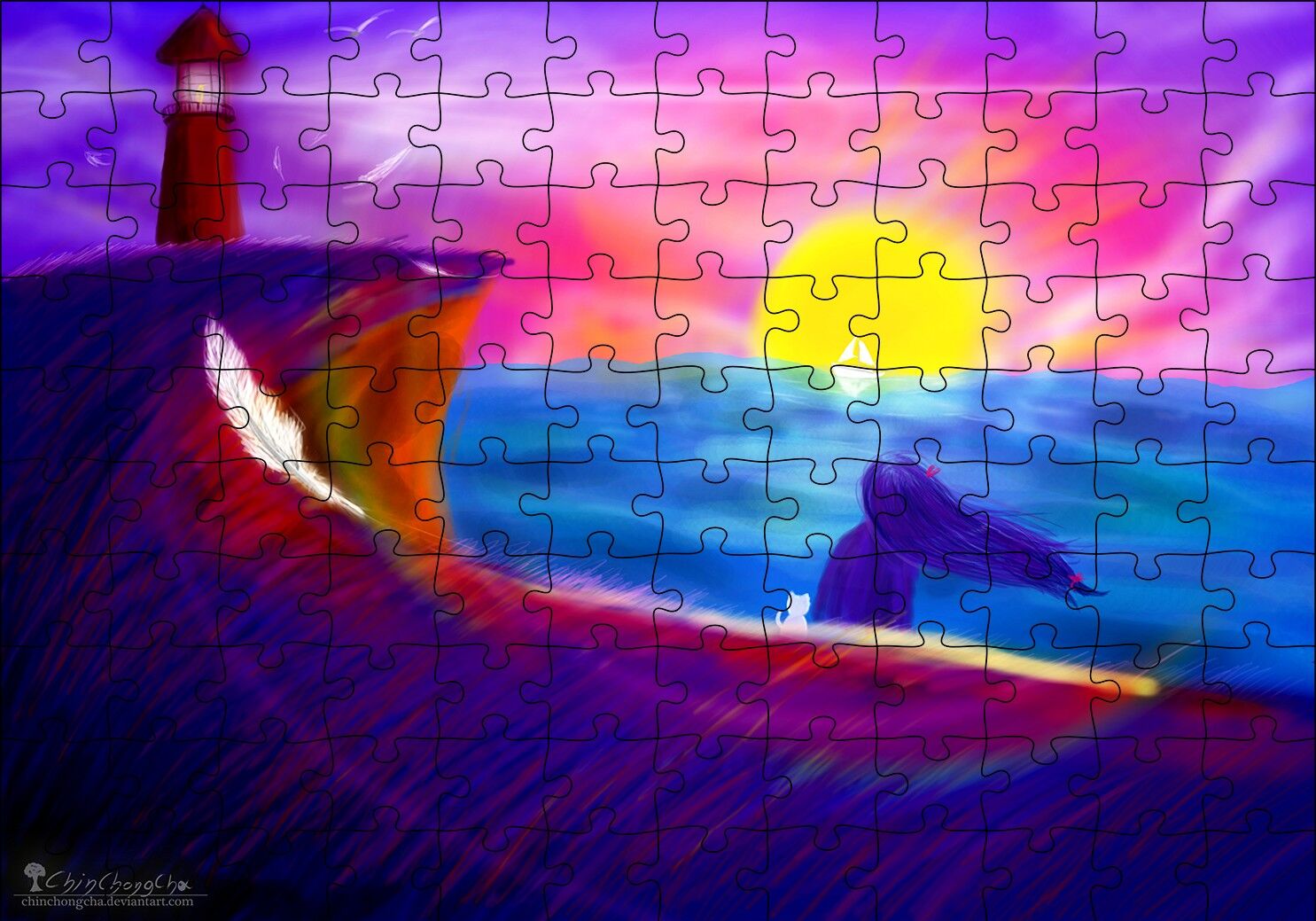 Deniz Feneri, Günbatımı, Kadın ve Kedi Puzzle Yapboz MDF Ahşap