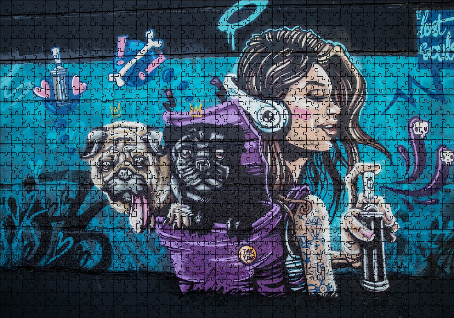 Graffitici Kız ve Çantasında Köpekler Duvar Boyama Puzzle Yapboz MDF Ahşap 1000 Parça 49 cm X 68 cm
