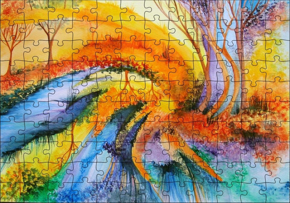 Soyut Sanat Ağaç Nehir Turuncu Mavi Görsel Puzzle Yapboz MDF Ahşap