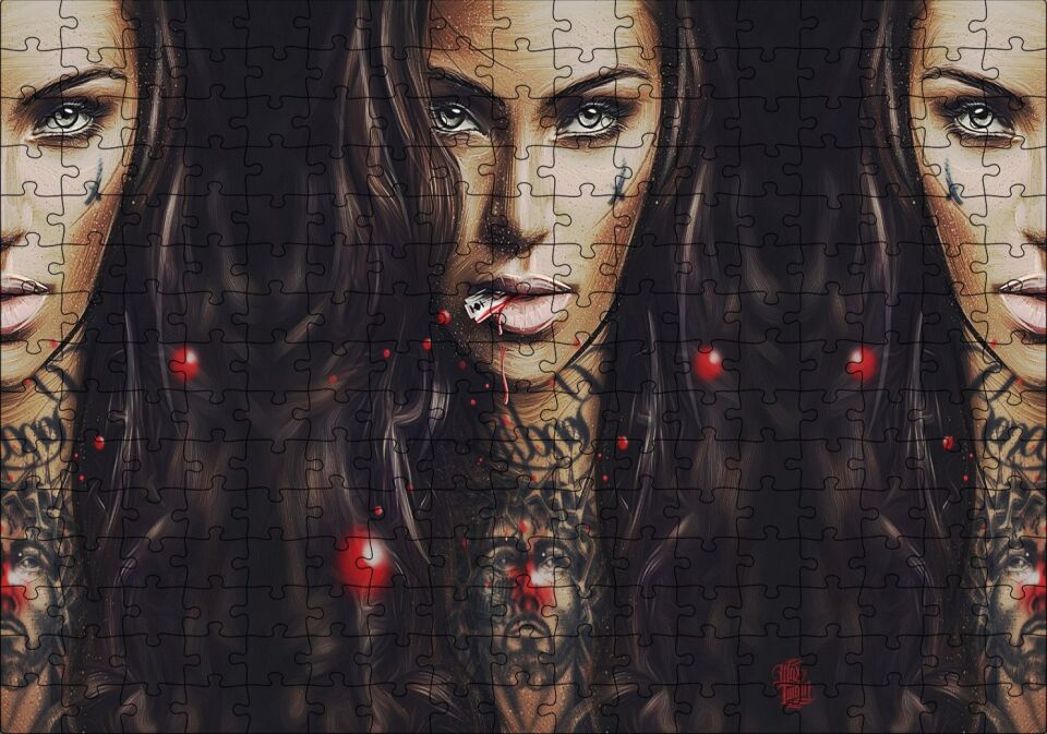 Boyun Dövme İllüstrasyonlu Kadın Görseli Puzzle Yapboz MDF Ahşap 255 Parça 34 cm X 49 cm