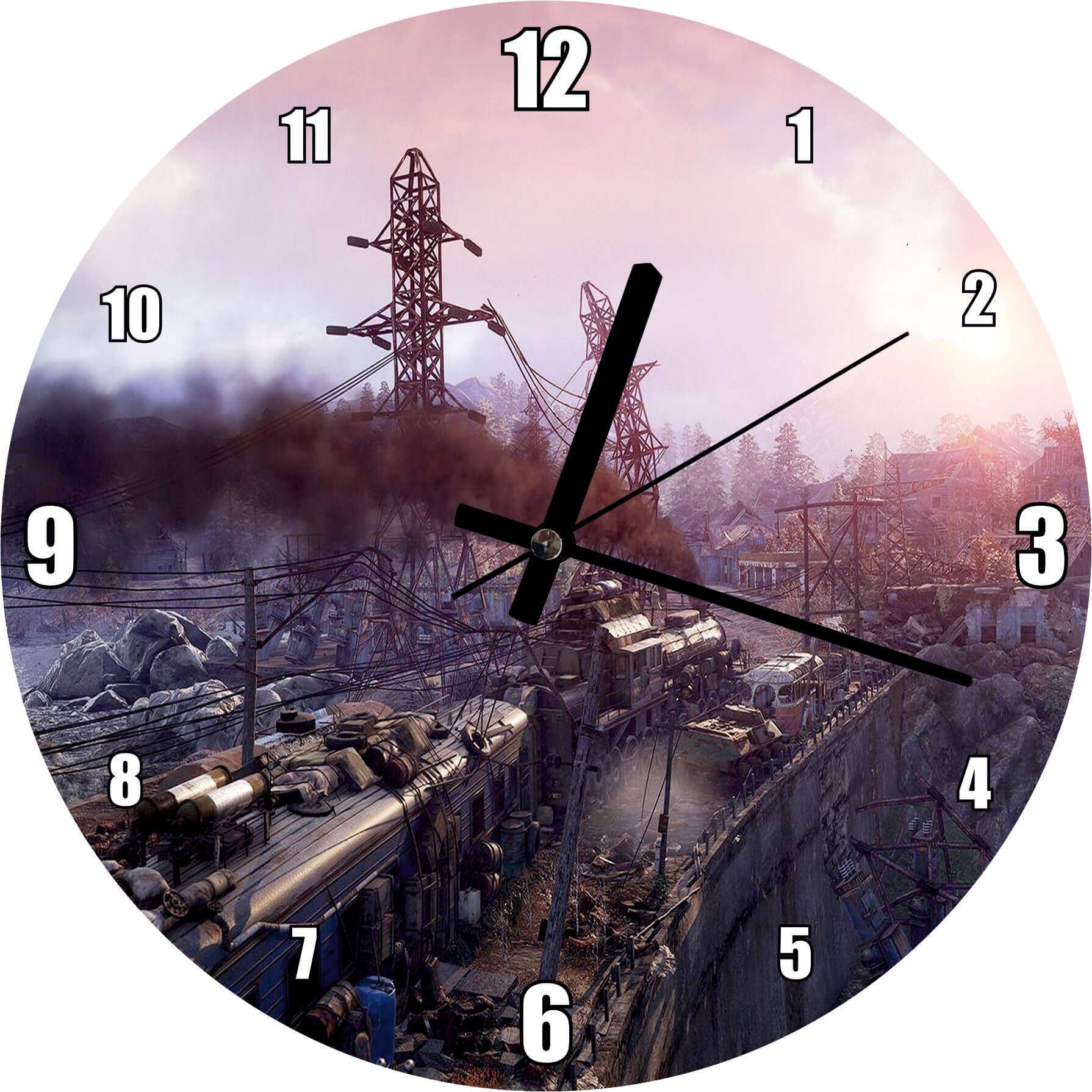 Metro Exodus Buharlı Tren ve Harabe Şehir Mdf Ahşap Duvar Saati 50 cm Çap