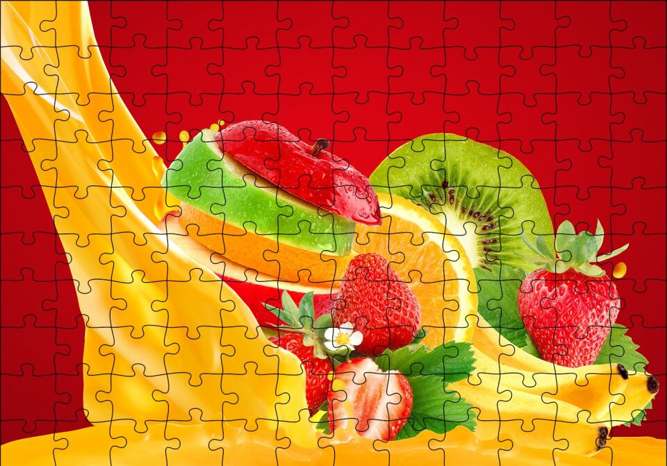 Dilimlenmiş Meyveler ve Meyve Suyu Puzzle Yapboz MDF Ahşap