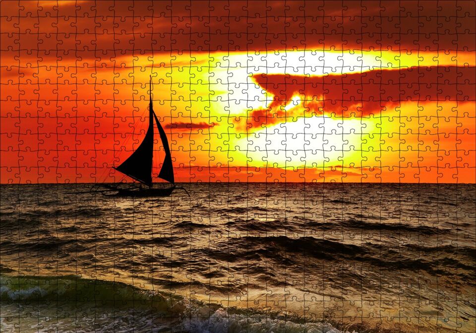 Günbatımında Yelkenli Silüeti Puzzle Yapboz MDF Ahşap 500 Parça 49 cm X 68 cm