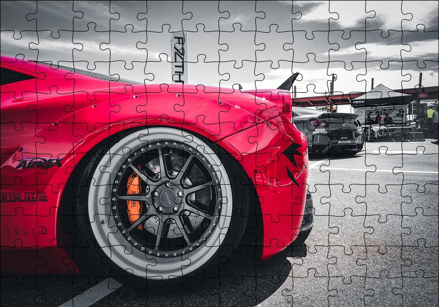 Kırmızı Spor Araba Çelik Jant Detayı Puzzle Yapboz MDF Ahşap 120 Parça 24 cm X 34 cm