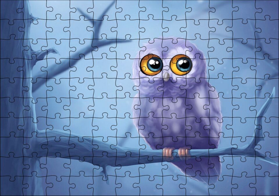 Daldaki Sevimli Gri Baykuş Puzzle Yapboz MDF Ahşap 120 Parça 24 cm X 34 cm
