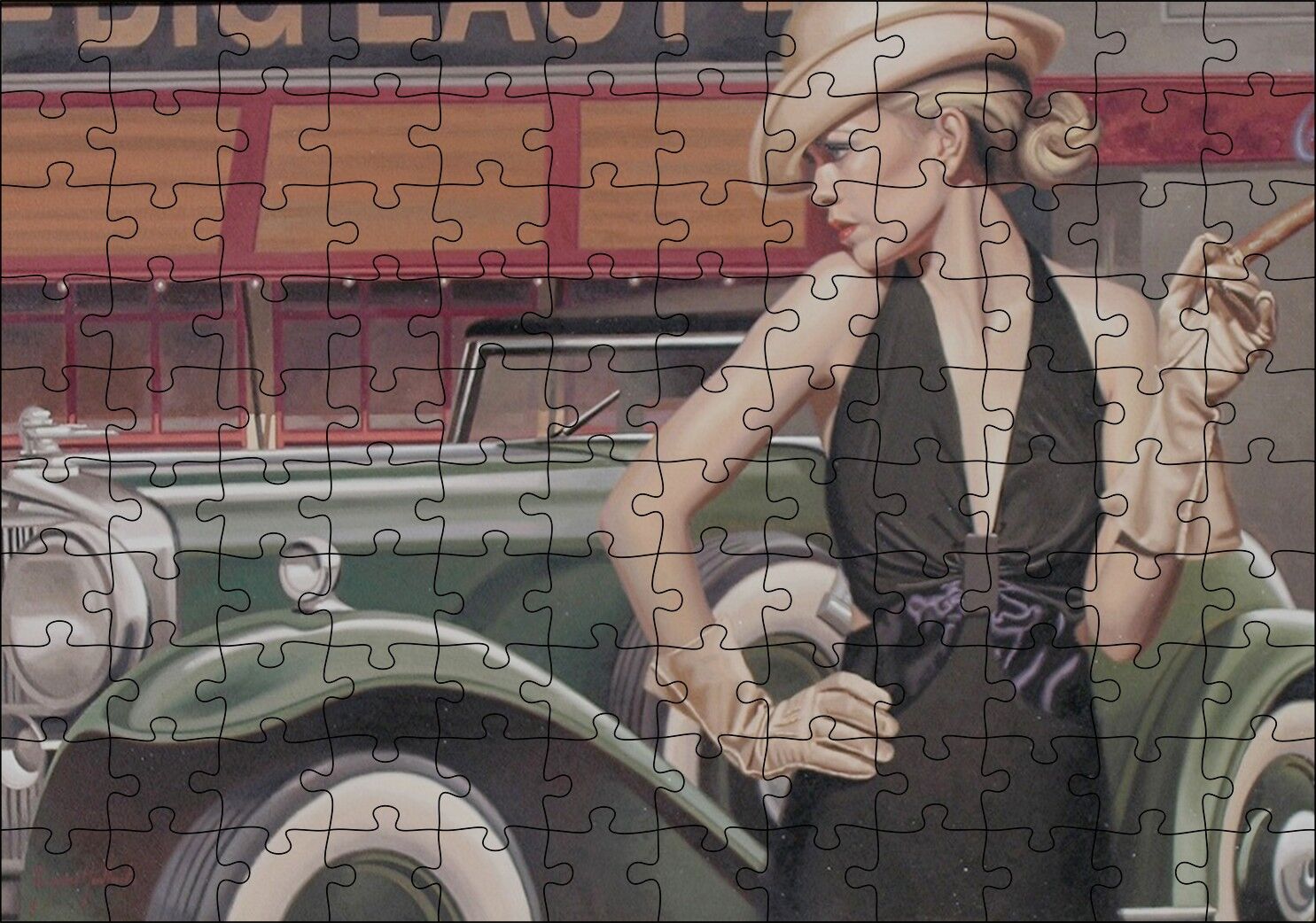 Yeşil Antika Araba ve Puro İçen Kadın Puzzle Yapboz MDF Ahşap 120 Parça 24 cm X 34 cm