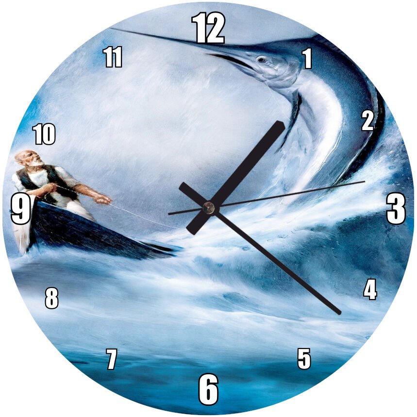 Yaşlı Balıkçı Kılıç Balığı Dalgalı Deniz Mdf Ahşap Duvar Saati
