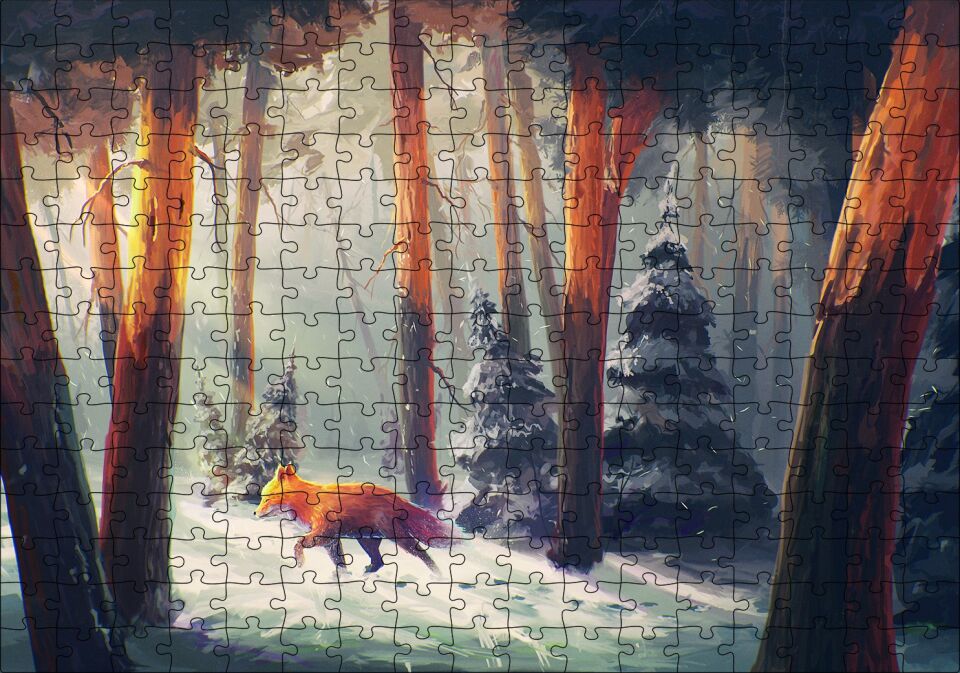 Karlı Ormanda Yürüyen Tilki ve Güneş Işıkları Puzzle Yapboz MDF Ahşap 255 Parça 34 cm X 49 cm