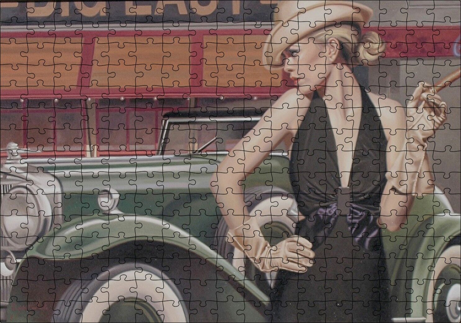 Yeşil Antika Araba ve Puro İçen Kadın Puzzle Yapboz MDF Ahşap 255 Parça 34 cm X 49 cm
