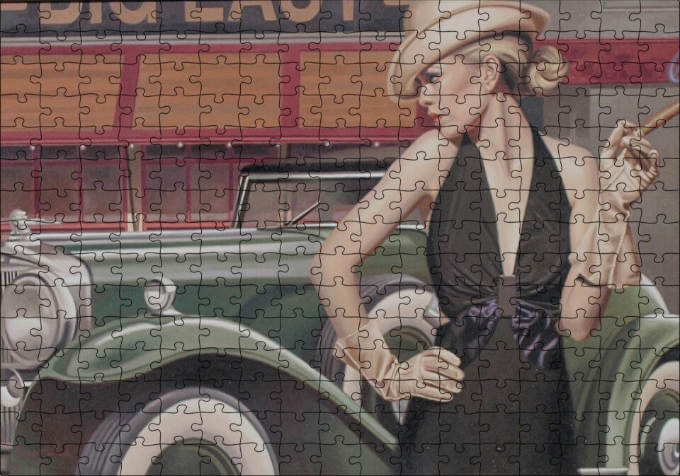 Yeşil Antika Araba ve Puro İçen Kadın Puzzle Yapboz MDF Ahşap 255 Parça 34 cm X 49 cm