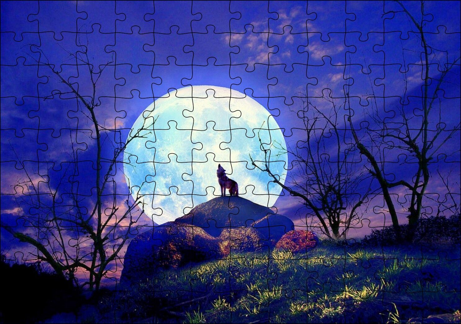 Çıplak Ağaçlar, Uluyan Kurt ve Süper Ay Puzzle Yapboz MDF Ahşap