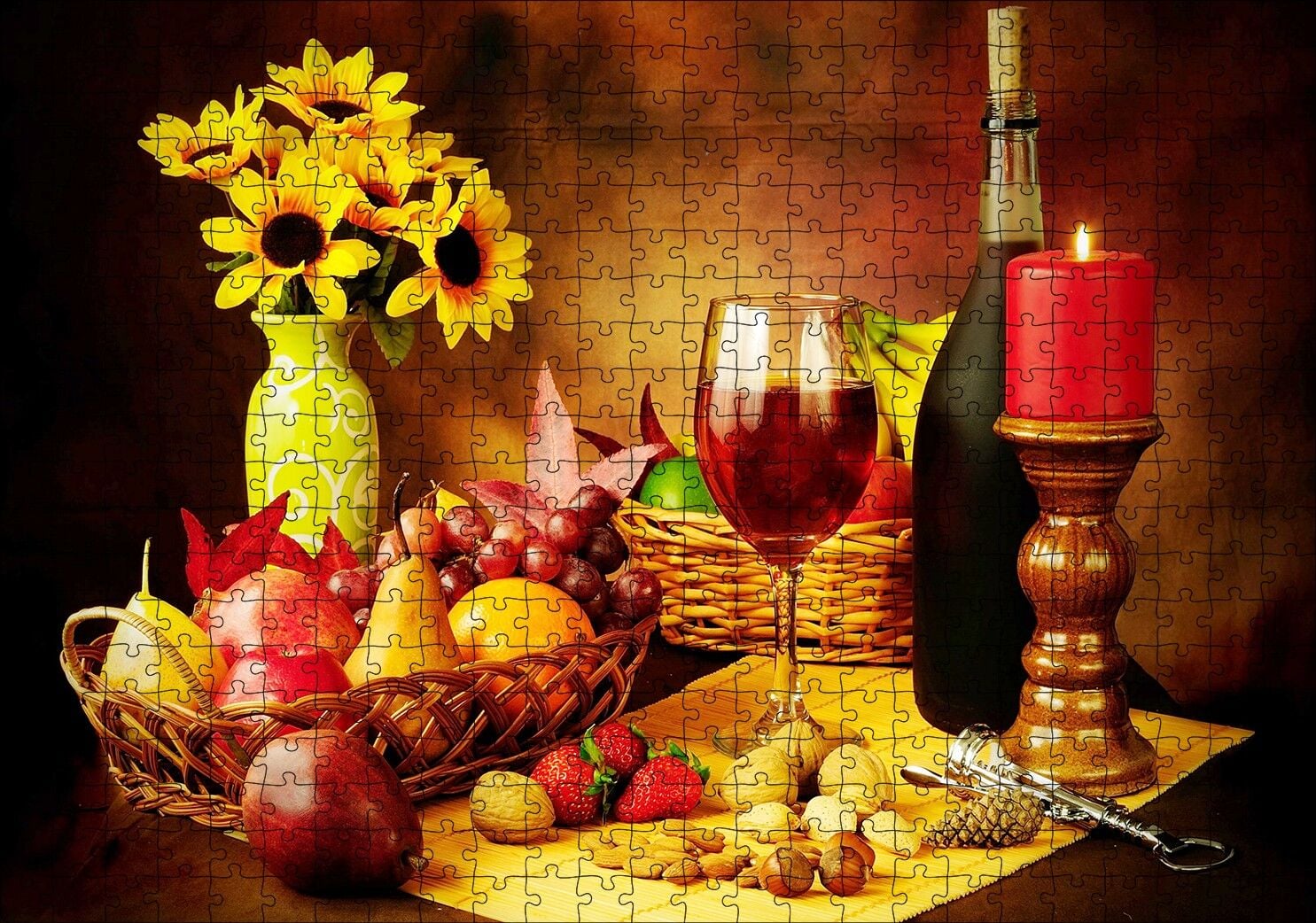 Meya Çiçek Şarap Kuruyemiş Görseli Puzzle Yapboz MDF Ahşap 500 Parça 49 cm X 68 cm