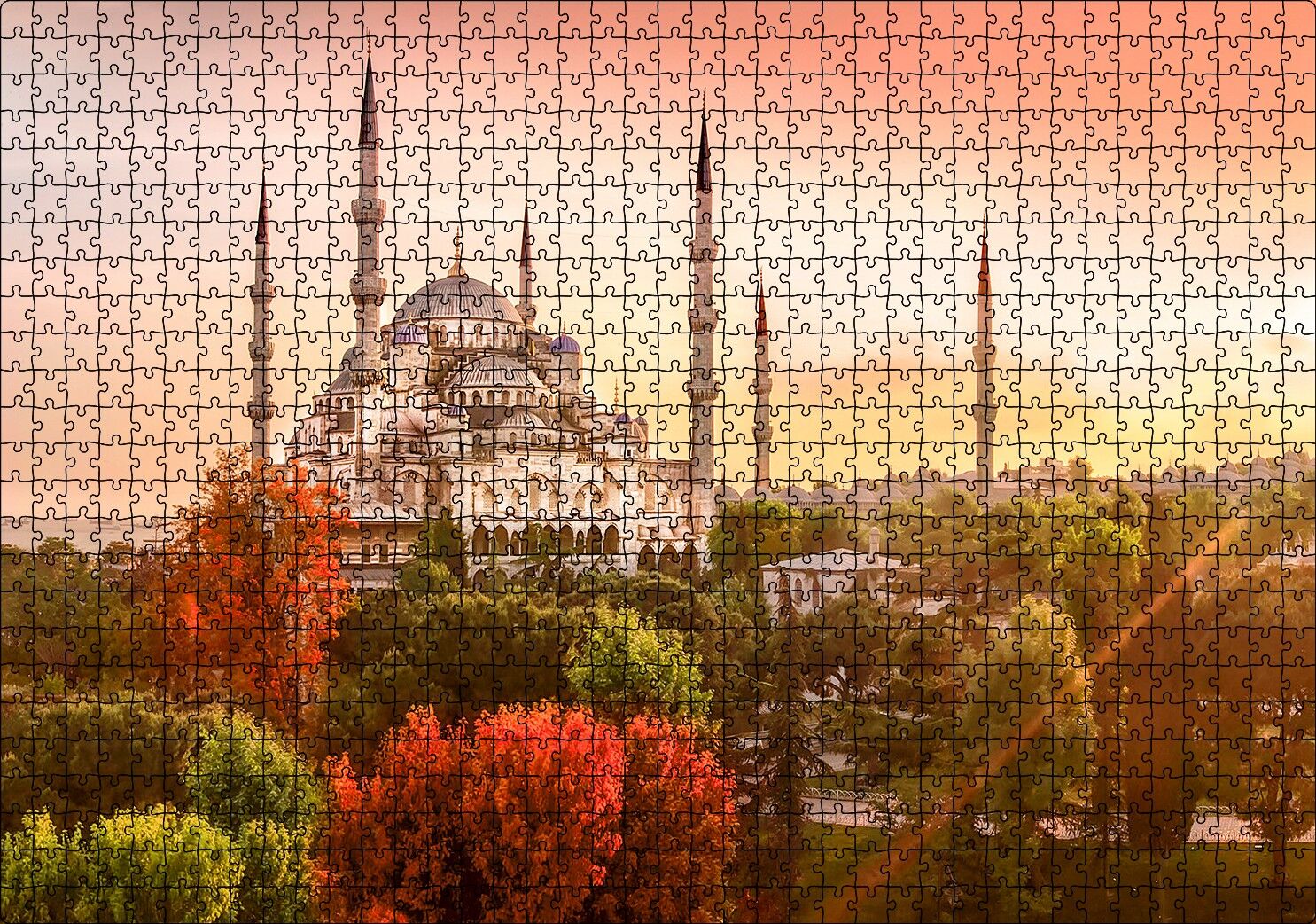 Günbatımında İstanbul Camisi ve Sonbahar Renkleri Puzzle Yapboz MDF Ahşap 1000 Parça 49 cm X 68 cm