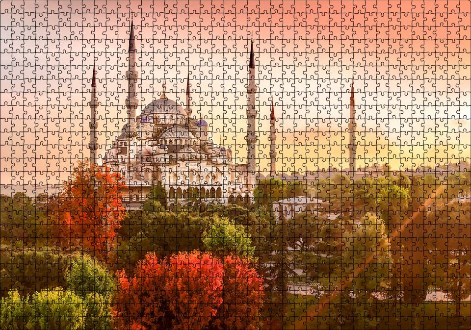 Günbatımında İstanbul Camisi ve Sonbahar Renkleri Puzzle Yapboz MDF Ahşap 1000 Parça 49 cm X 68 cm