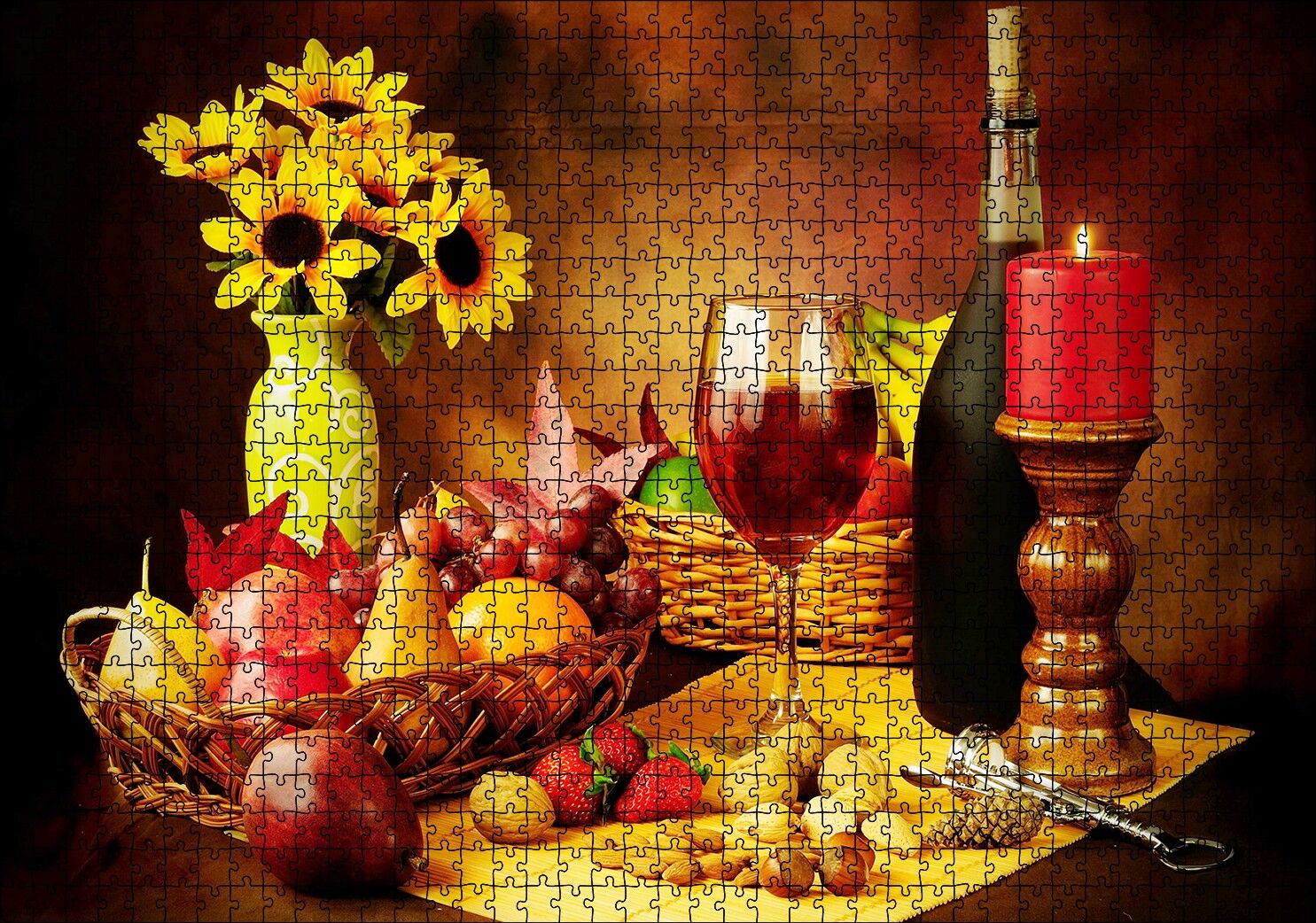 Meya Çiçek Şarap Kuruyemiş Görseli Puzzle Yapboz MDF Ahşap 1000 Parça 49 cm X 68 cm