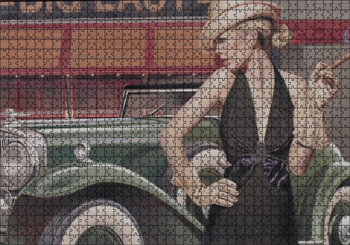 Yeşil Antika Araba ve Puro İçen Kadın Puzzle Yapboz MDF Ahşap 1000 Parça 49 cm X 68 cm