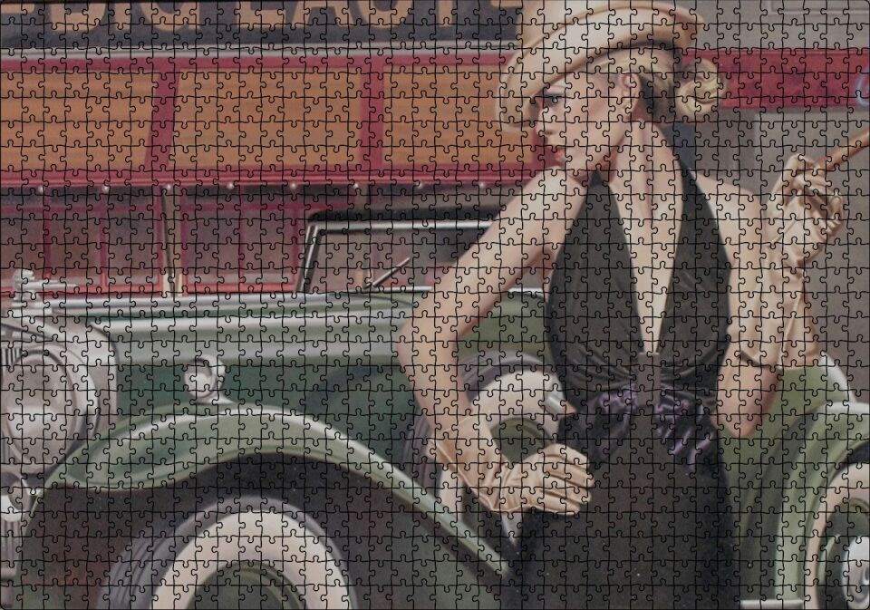 Yeşil Antika Araba ve Puro İçen Kadın Puzzle Yapboz MDF Ahşap 1000 Parça 49 cm X 68 cm