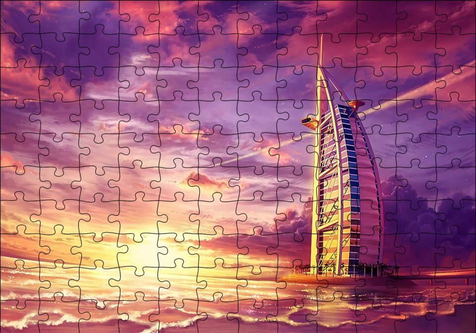 Dubai Burj Al Arab Günbatımı ve Mor Gökler Puzzle Yapboz MDF Ahşap