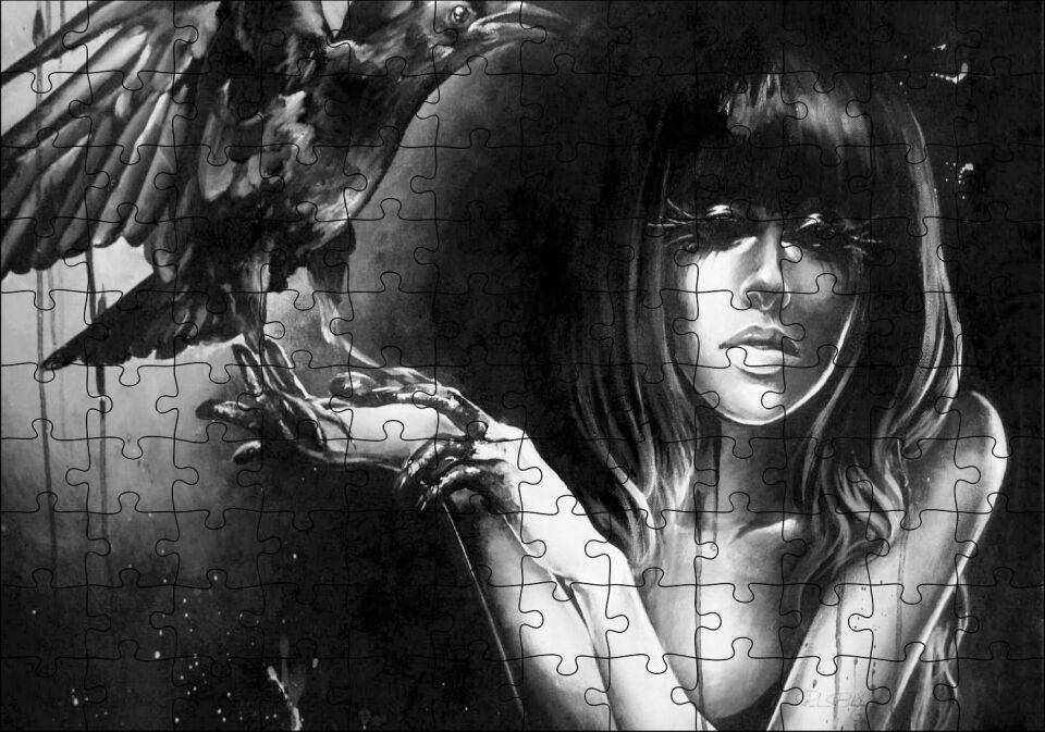 Çıplak Kadın ve Karga Siyah Beyaz Puzzle Yapboz MDF Ahşap