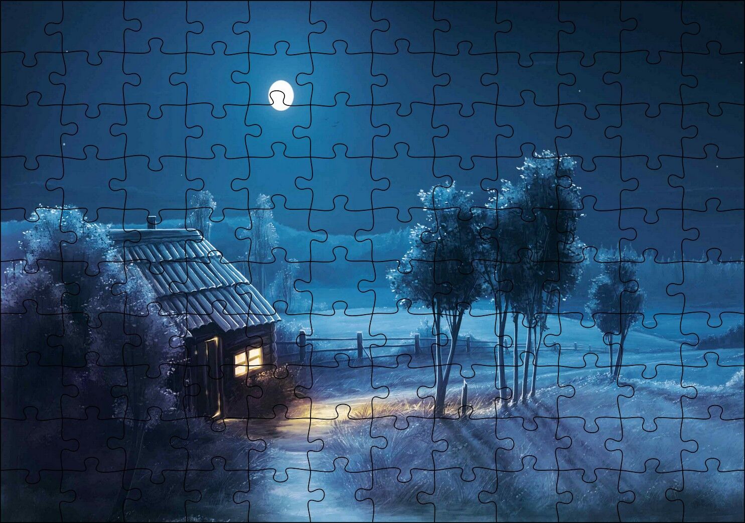 Dolunayda Şirin Kulübe ve Bahçede Ağaçlar Puzzle Yapboz MDF Ahşap 120 Parça 24 cm X 34 cm