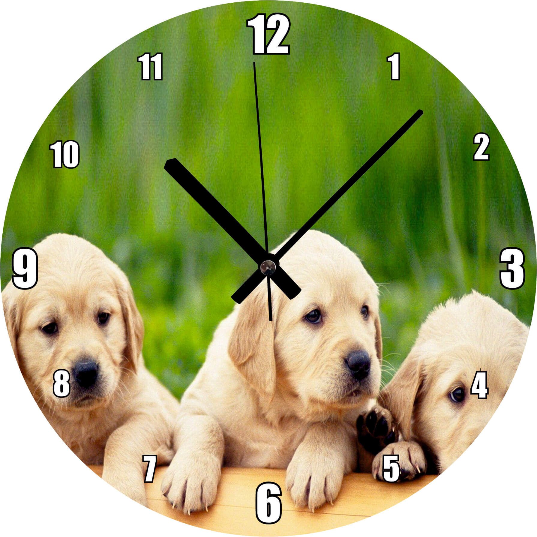Kütüğün Üzerinde Üç Sevimli Labrador Mdf Ahşap Duvar Saati 30 cm Çap