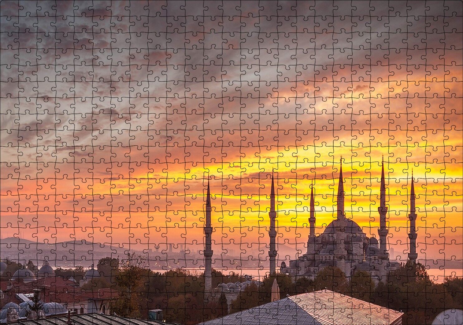 Günbatımında Sultanahmet Camii ve Kızıl Bulutlar Puzzle Yapboz MDF Ahşap 500 Parça 49 cm X 68 cm